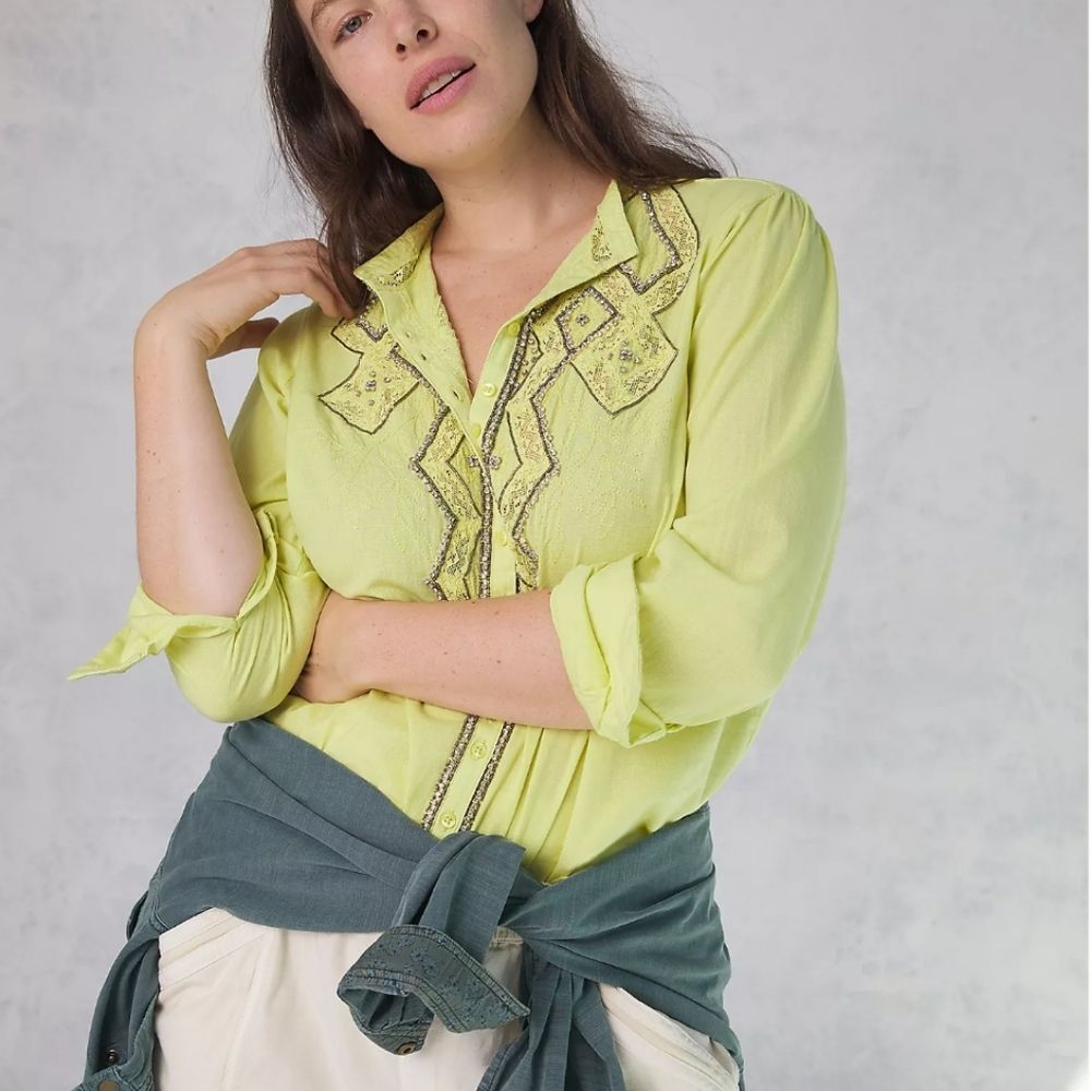 Pilcro Nayeli Beaded Embellished Western Style Cotton Shirt Blouse Size 3X